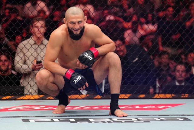 Khamzat Chimaev stares down Sean Strickland at UFC 328